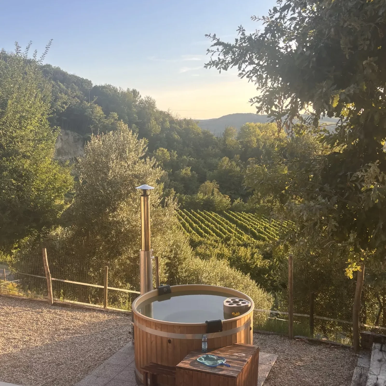 view over vineyards with hot tub